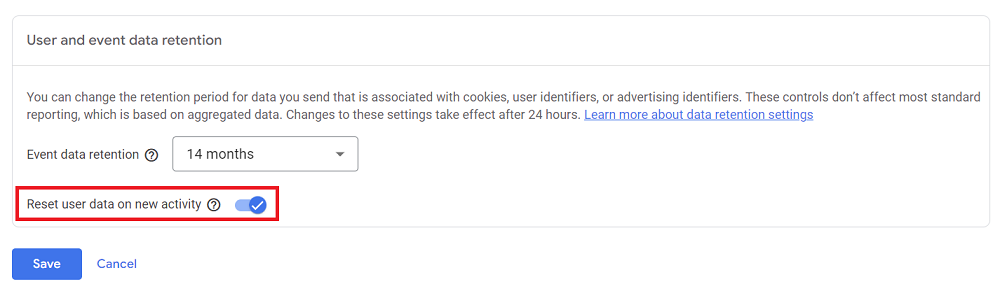 Opzione reset dati utente Data Retention GA4