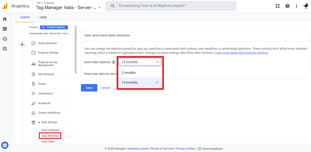 Impostazione Data Retention GA4