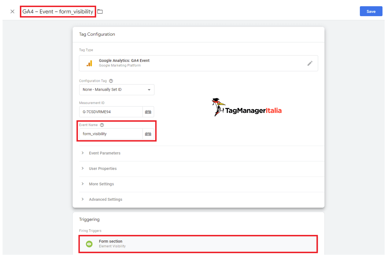 Tag tracciamento Google Tag Manager evento di tracciamento visualizzazione sezione Form di contatto landing page o e-commerce