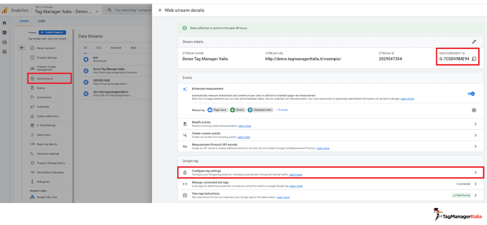 Impostazioni data stream GA4 creazione cross domain tracking