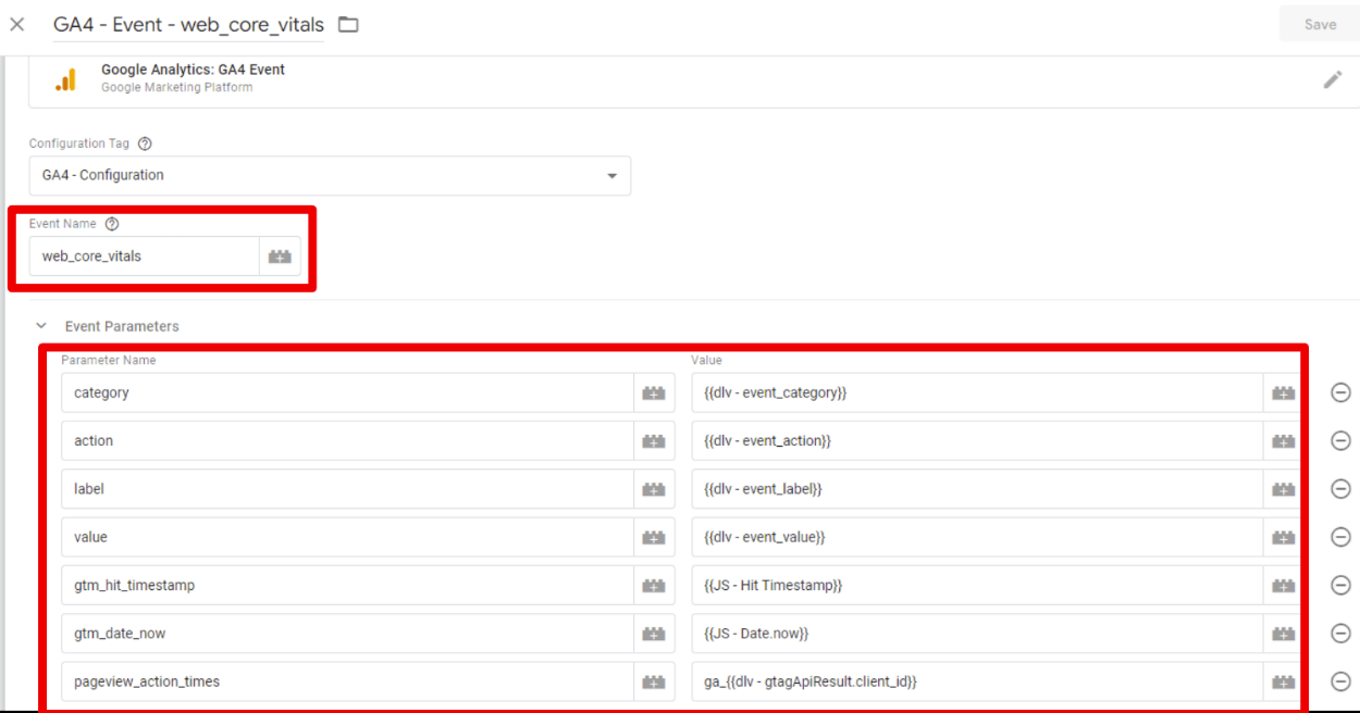 Configurazione parametri personalizzati GA4 tracciamento Core Web Vitals SEO