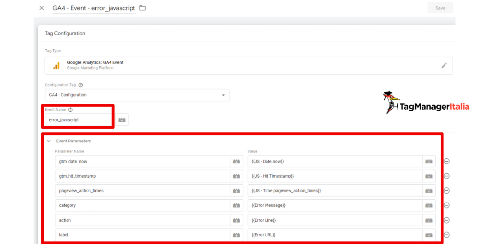 Configurazione parametri personalizzati GA4 tracciamento errori JavaScript