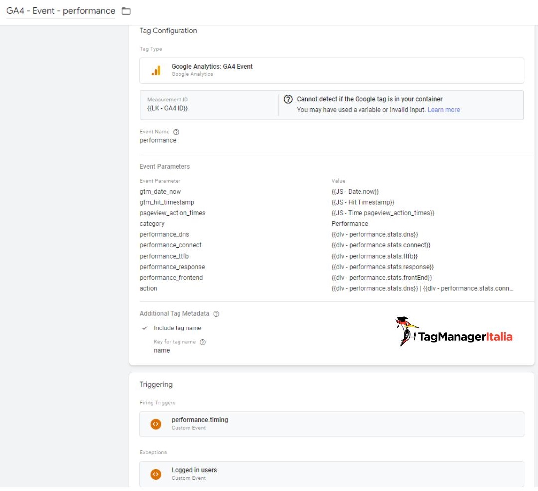 Evento tracciamento performance caricamento pagina in GA4 tramite Google Tag