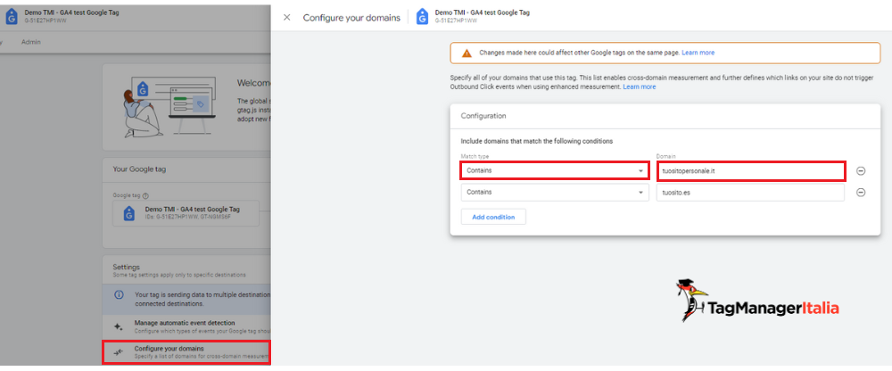 Inserimento dei domini di secondo livello configurazione tracciamento interdominio in GA4 cross domain