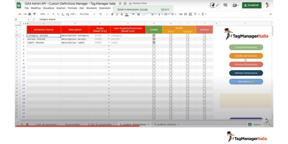 Sistema API GA4 e Google Spreadsheet creazione elenco dimensioni personalizzate