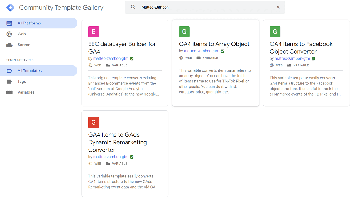 Elenco template personalizzati di tracciamento in Google Tag Manager creati da Matteo Zambon e Tag Manager Italia