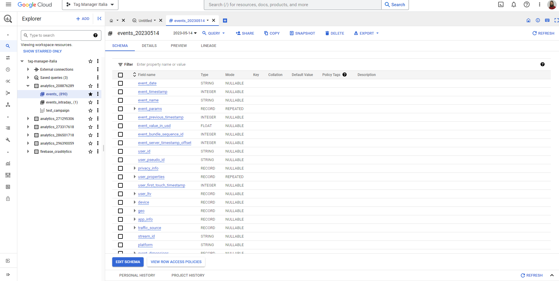 Esempio di richieste in BigQuery per visualizzare specifici set di dati