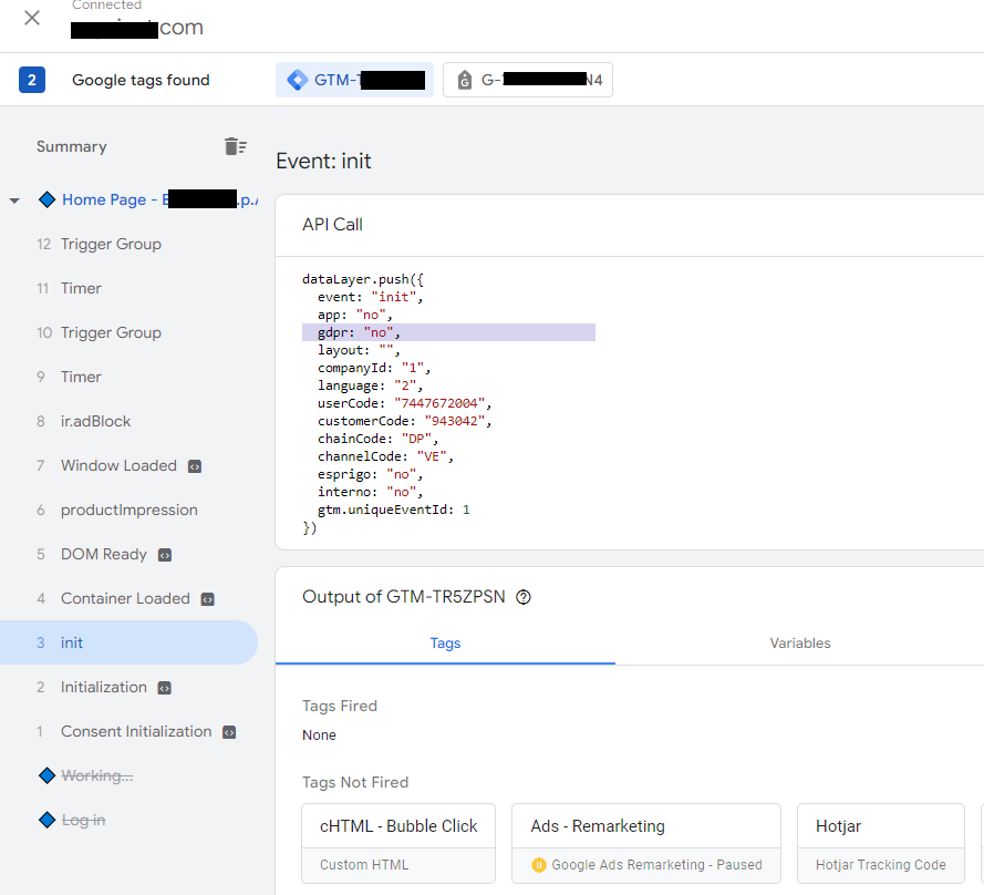 L'interfaccia del Debug di Google Tag Manager che mostra come, grazie alla gestione ad hoc del Cookie Banner, è possibile gestire in modo flessibile i tracciamenti su un e-commerce in base all'accettazione o negazione dei consensi Privacy da parte degli utenti.