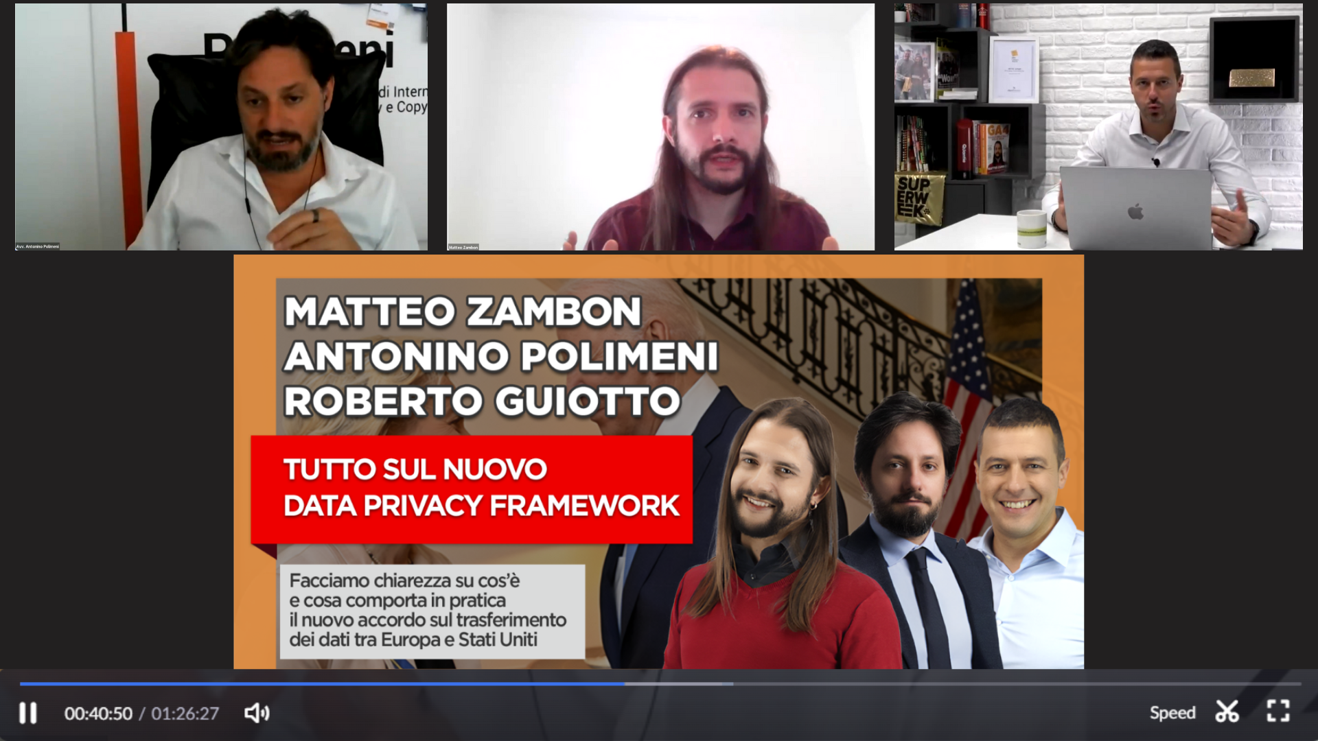 L'avvocato Antonino Polimeni (studio legale Polimeni.Legal), Matteo Zambon e Roberto Guiotto (Co-Fondatori di Tag Manager Italia) durante il webinar gratuito per approfondire i dettagli legali e le best practice tecniche di tracciamento e analisi dati in seguito all'approvazione del Data Privacy Framework, l'accordo GDPR tra Europa e Stati Uniti.