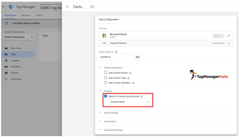 Gestione consensi tracciamento Clarity con Consent Mode in Google Tag Manager