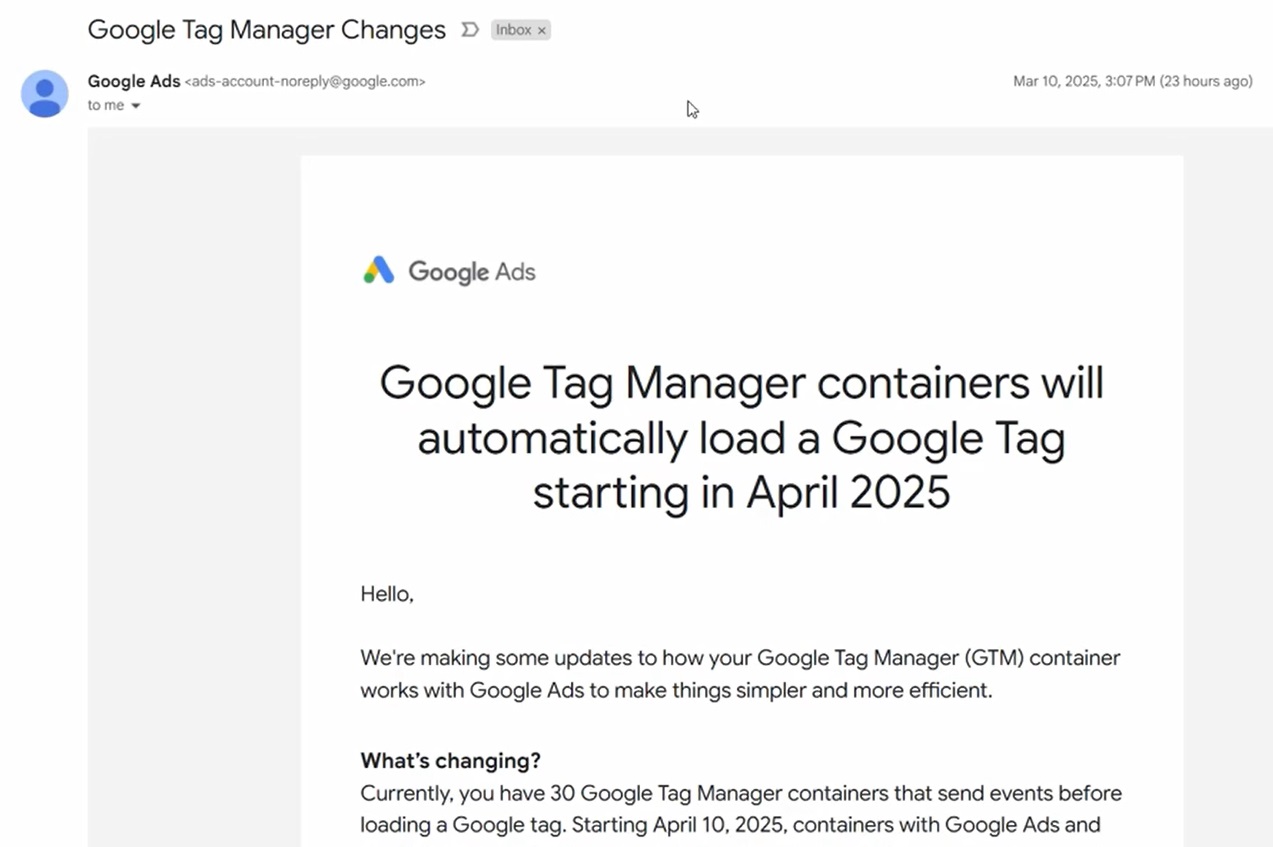 Mail Google Ads annuncio novità caricamento automatico GoogleTag