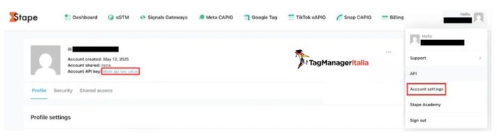 API account Stape GTM Server