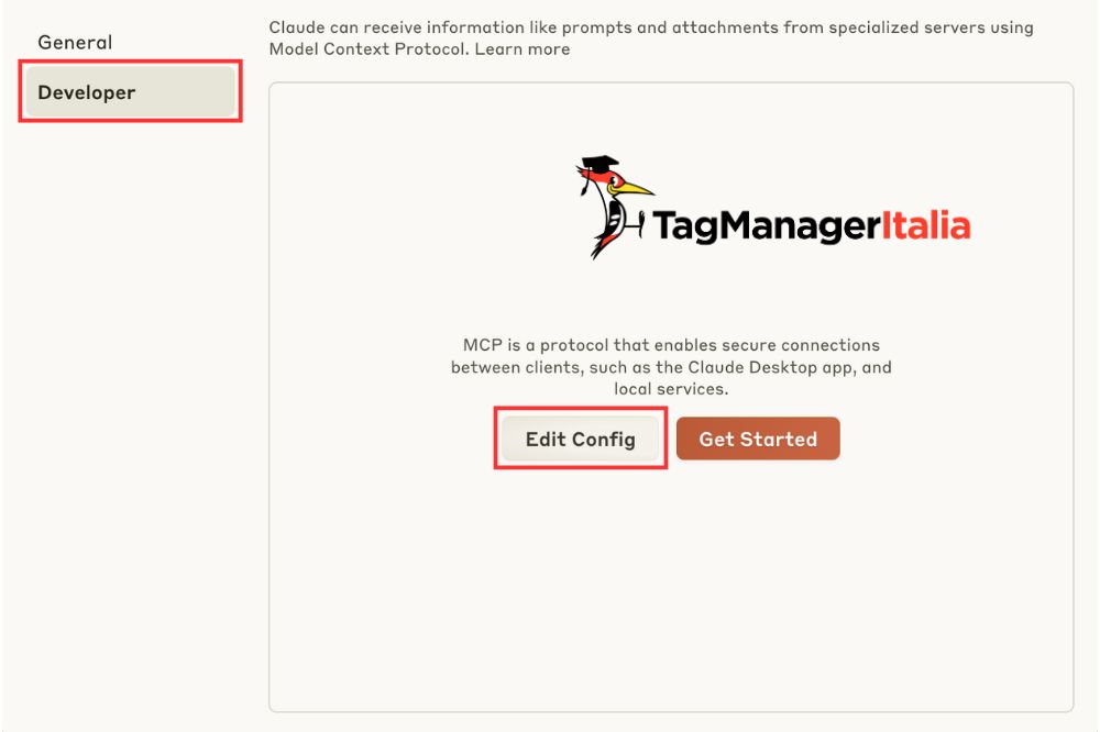 Modifica configurazione Claude Edit Config creazione MCP Server Stape - TagManager Italia