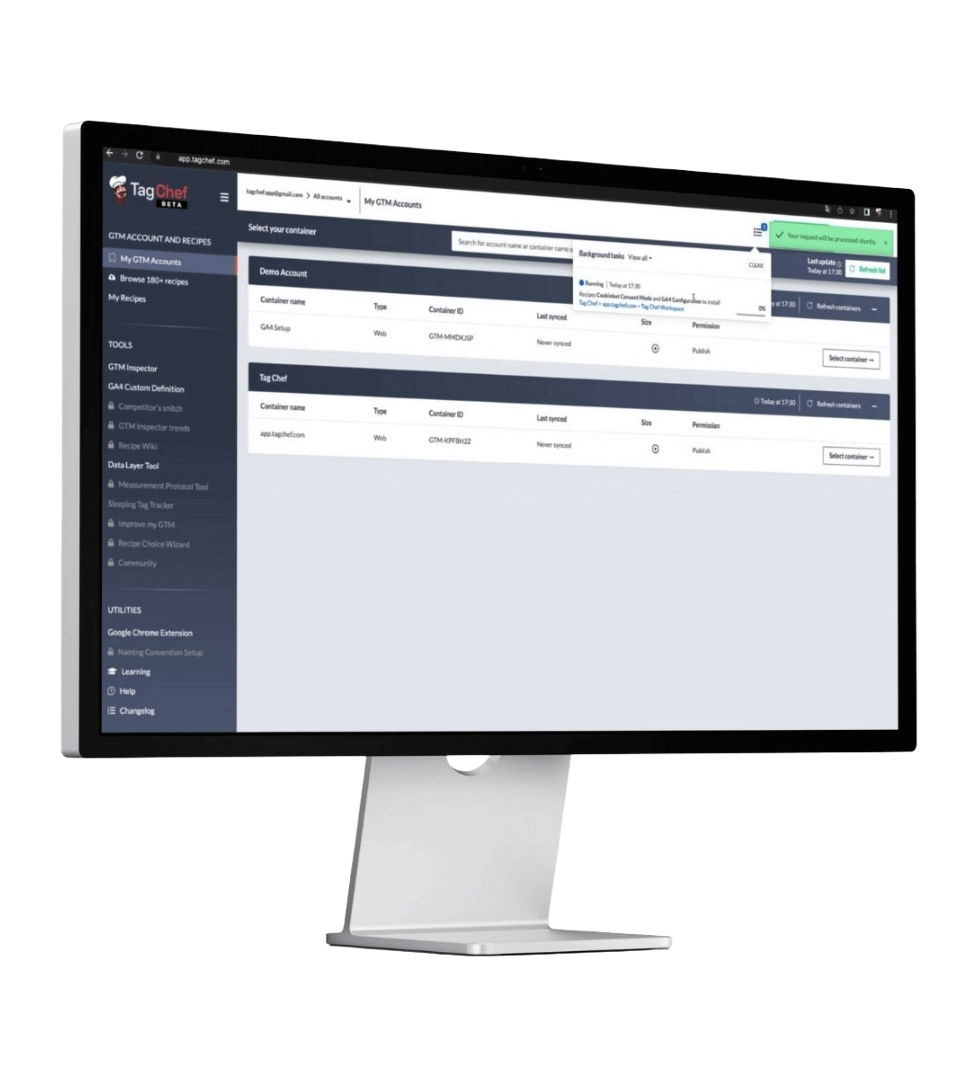Dashboard del tool di tracking Tag Chef, sviluppato da Matteo Zambon dal team di Tag Manager Italia