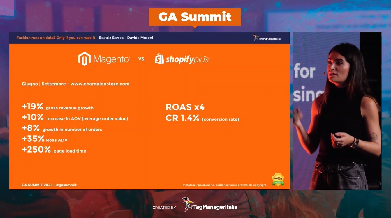 Davide Moroni (Tag Manager Italia) e Beatriz Barros (Made in Evolve) hanno presentato i risultati del caso studio Champion Europe durante la terza edizione dell'evento GA Summit 2025