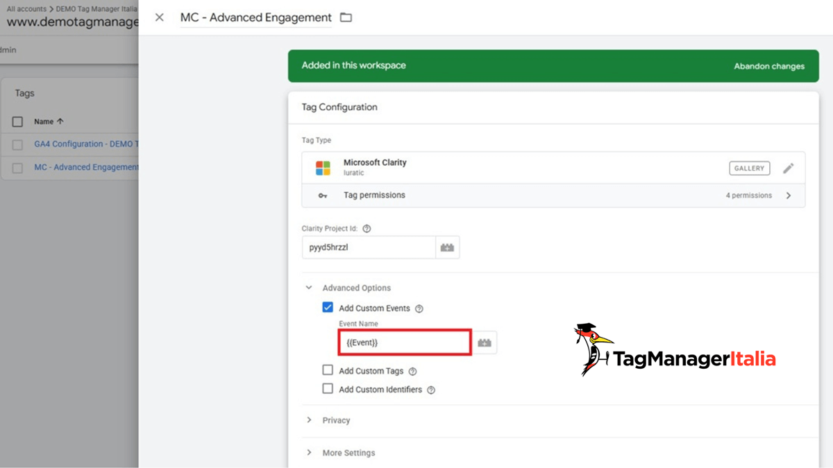 Creazione custom event tag Google Tag Manager configurazione smart events Microsoft Clarity - Tag Manager Italia
