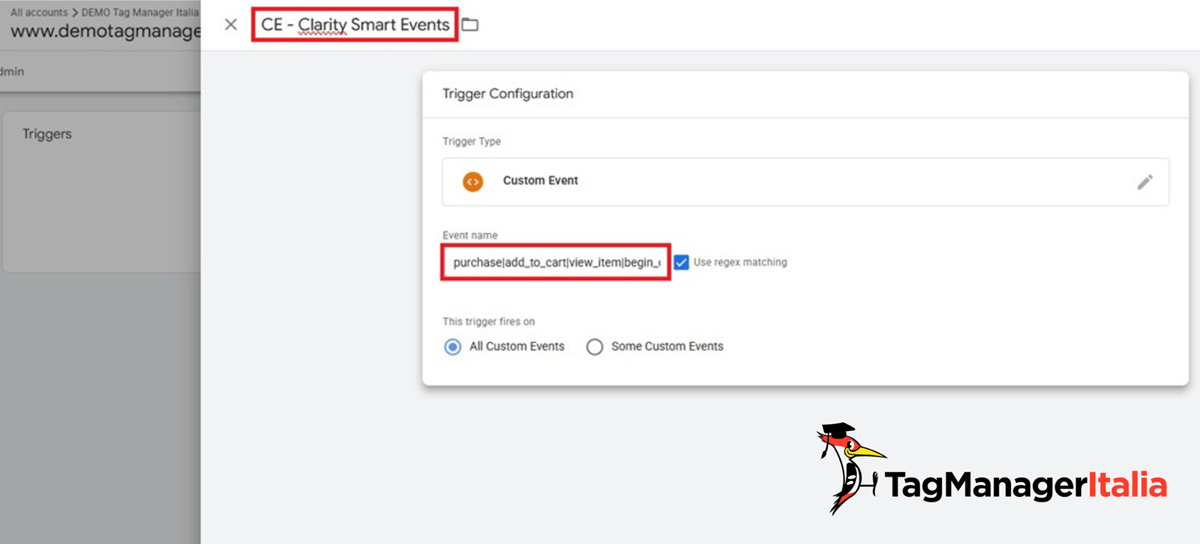 Creazione trigger Google Tag Manager custom events Microsoft Clarity - Tag Manager Italia