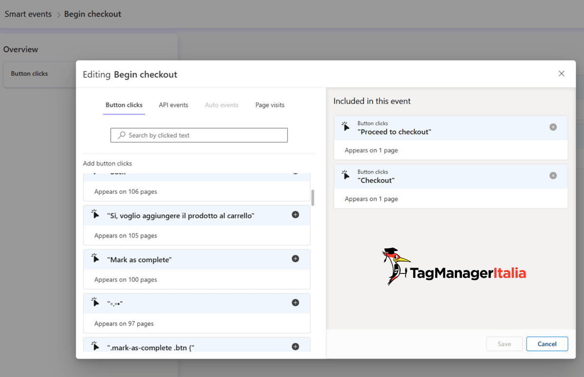Dettaglio smart event begin checkout Microsoft Clarity - Tag Manager Italia