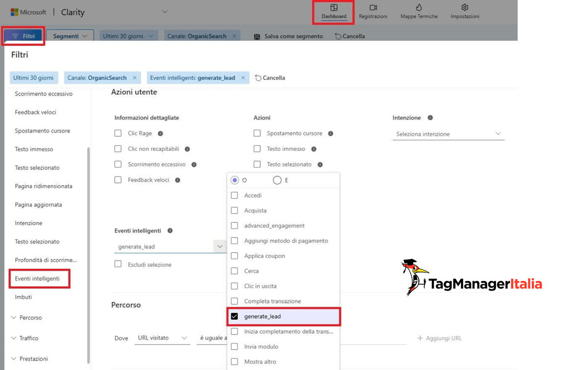 Filtro report smart events Microsoft Clarity - Tag Manager Italia