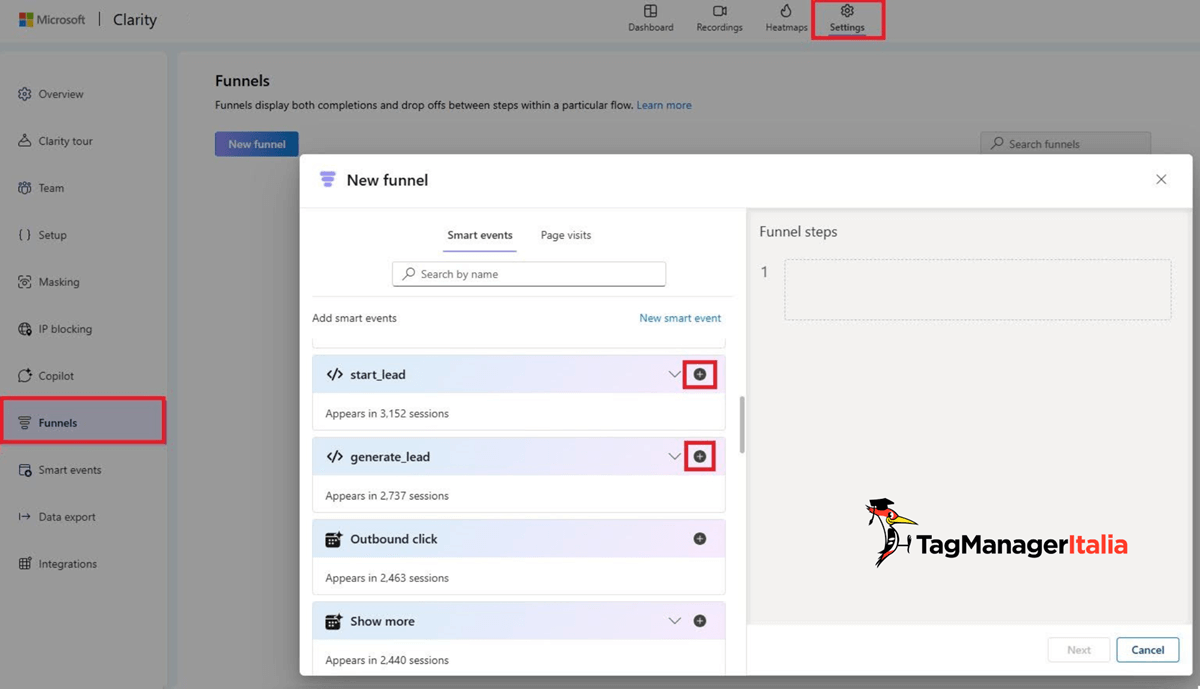 Impostazione step smart events creazione funnel report Microsoft Clarity - Tag Manager Italia