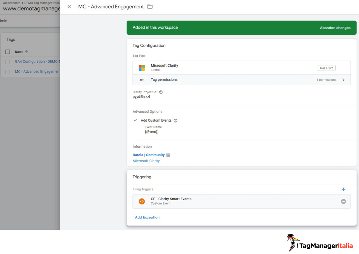 Panoramica tag finale Google Tag Manager configurazione smart events Microsoft Clarity - Tag Manager Italia