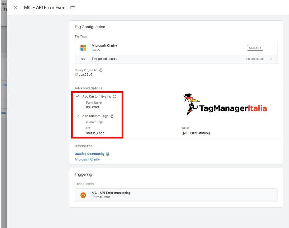 Configurazione tag evento tracking errori api in Microsoft Clarity con Google Tag Manager