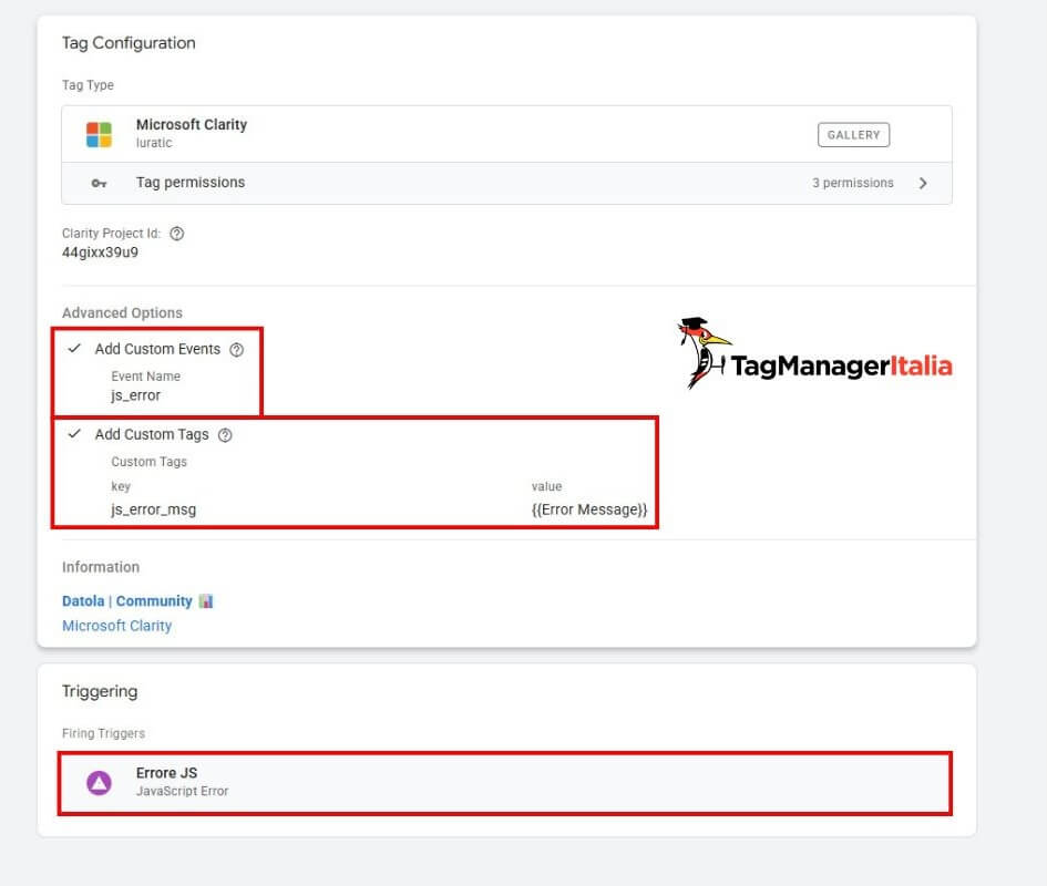 Configurazione tag evento tracking errori javascript Google Tag Manager