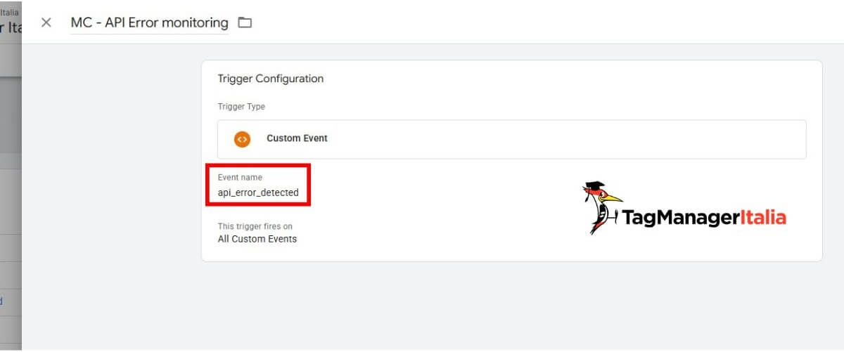 Configurazione trigger - attivatore evento tracking errori api in Microsoft Clarity con Google Tag Manager