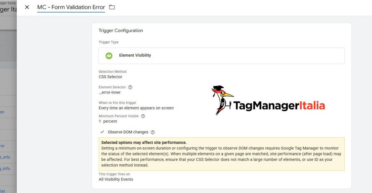 Configurazione trigger - attivatore evento tracking errori invio modulo - form contatto Google Tag Manager