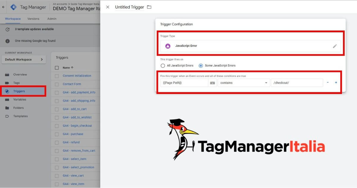 Configurazione trigger - attivatore evento tracking errori javascript Google Tag Manager