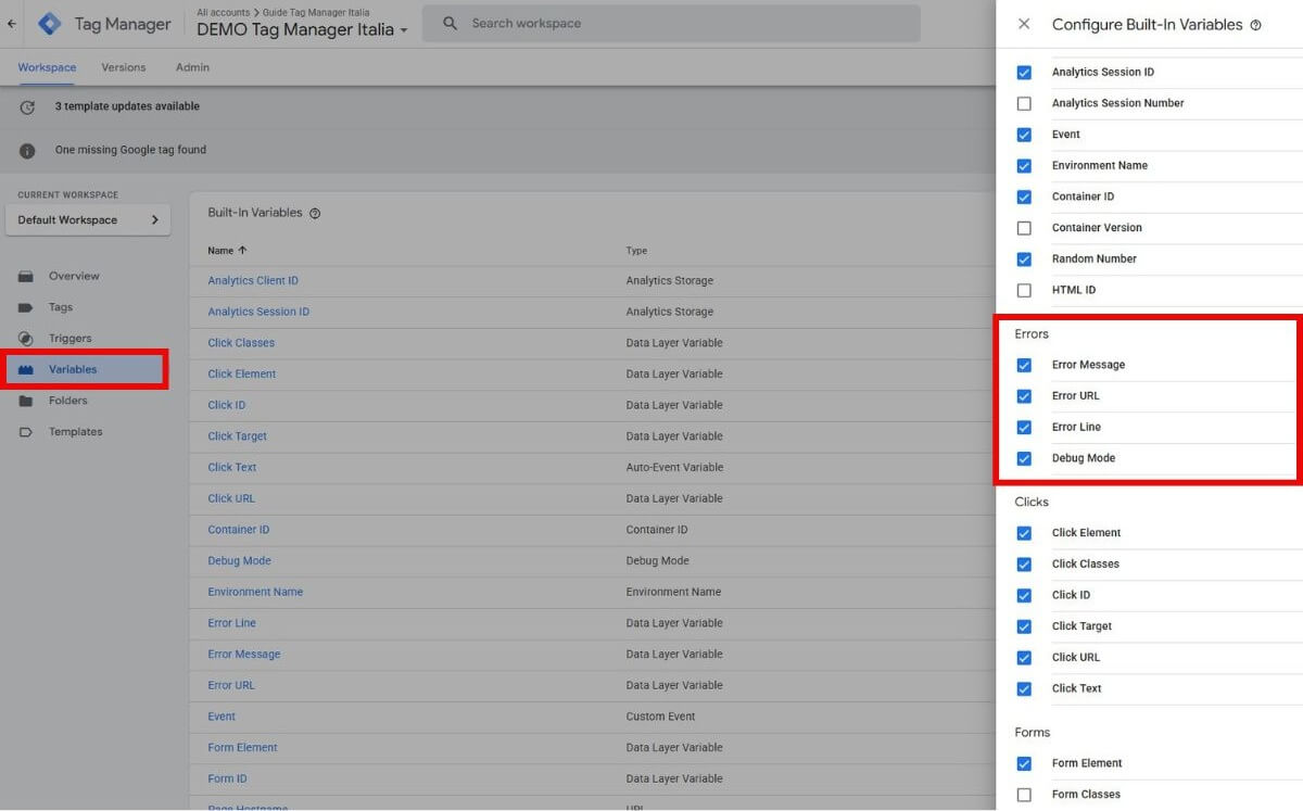 Configurazione variabile evento tracking errori javascript Google Tag Manager