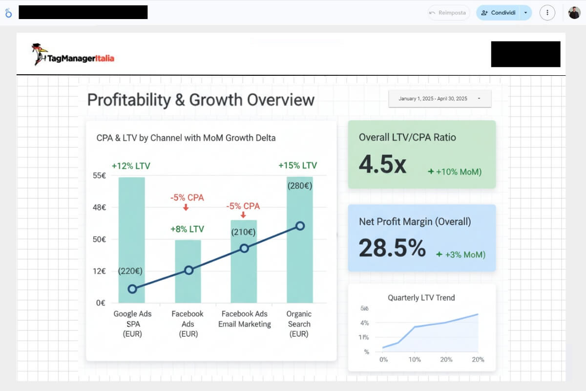 Dashboard di analisi della crescita e della redditività per canale (cliente coperto da accordo di riservatezza)