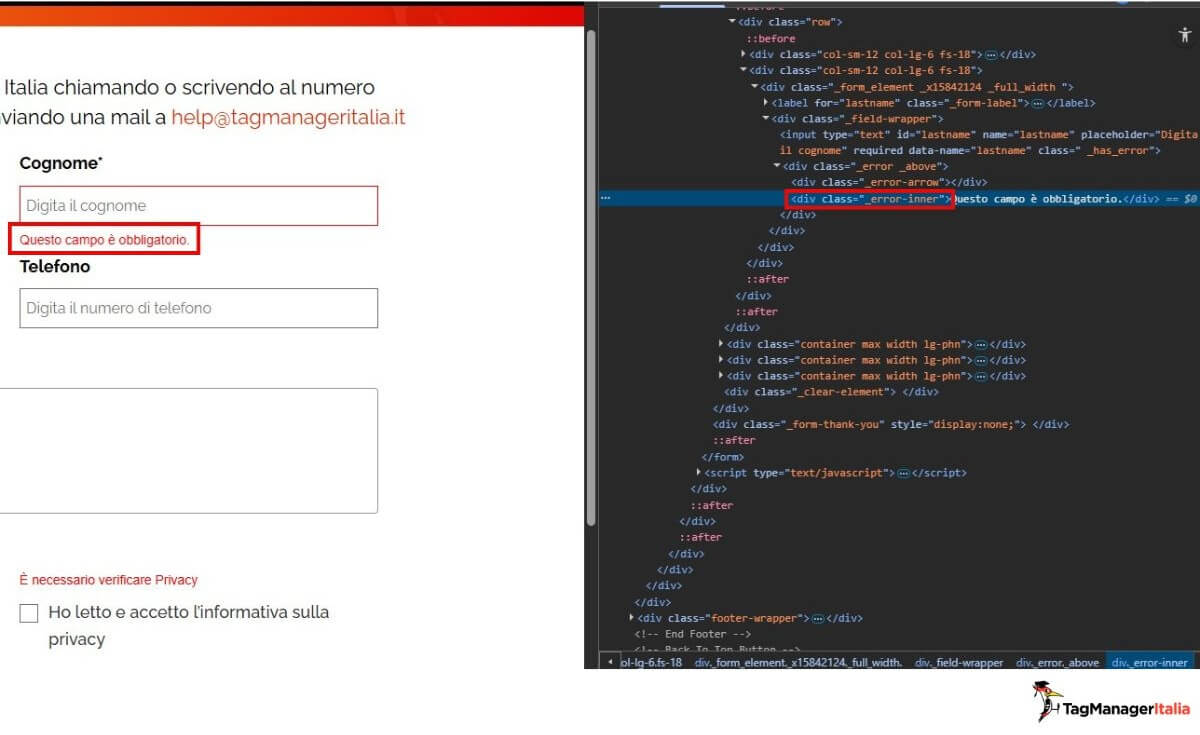 Identificare CLASS - classe errore campo form