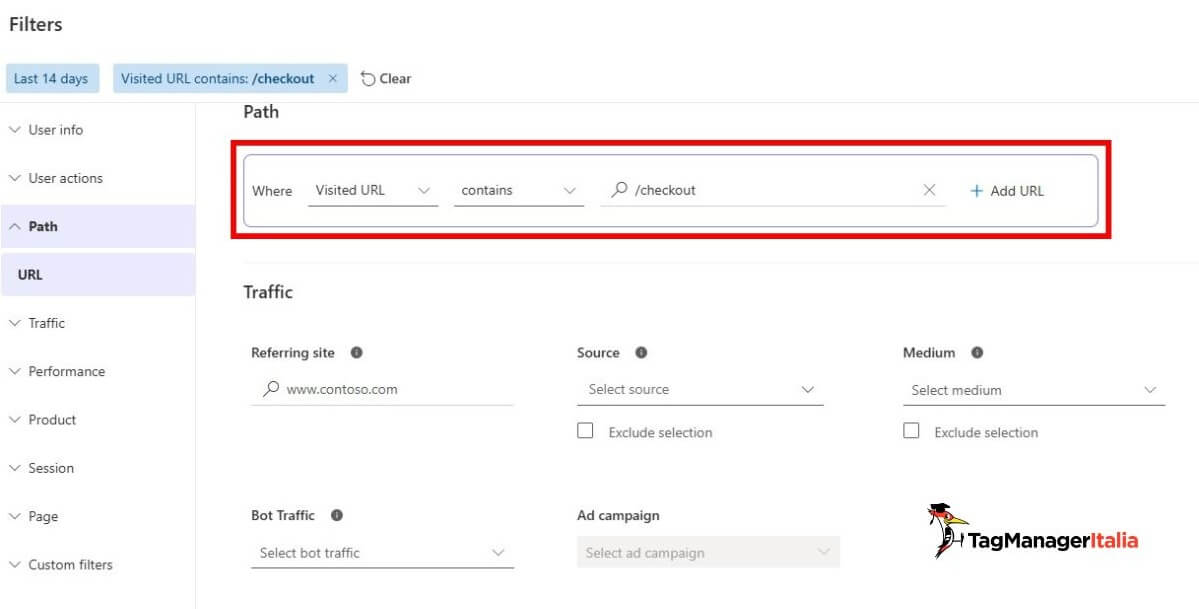 Impostare filtro URL pagine abbandono carrello e form Microsoft Clarity