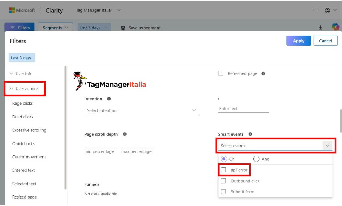 Impostare filtro smart events - eventi personalizzati analisi carrello e form abbandonati Microsoft Clarity