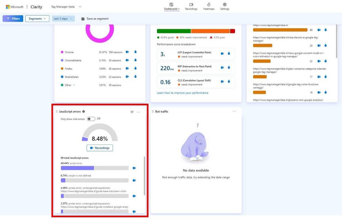 Scorecard errori javascript report Microsoft Clarity